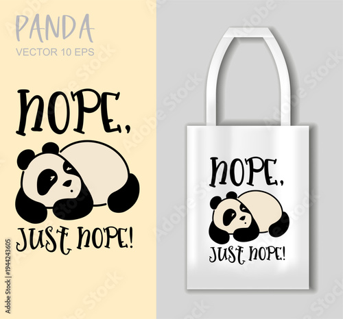 Funny panda illustration with sarcastic nope just nope quote. Cute tired panda lying on floor in simple flat vector style shown on tote bag mockup. Perfect for sarcasm humor introvert mood funny gifts