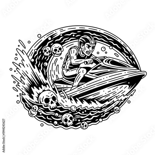 Intense Jet Ski Rider Navigating Waves with Determination.