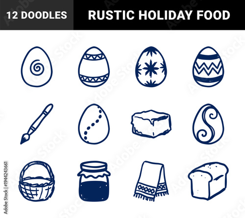 Easter holiday traditions and festive food elements in a rustic navy blue marker sketch. Hand-drawn naive doodle illustrations for seasonal branding.
