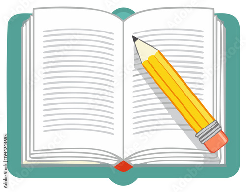 Open book with lines of text and a yellow pencil lying across the pages