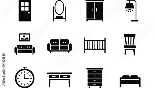 Furniture icon set including various household items and decor
