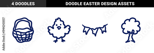 Easter and spring garden elements for rustic brand identity. Naive marker sketch illustrations featuring chick, basket, tree, and bunting.