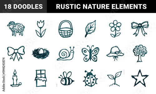 Hand-drawn spring and nature elements for rustic branding. Naive marker sketch illustrations featuring flowers, garden insects, and seasonal farm life.