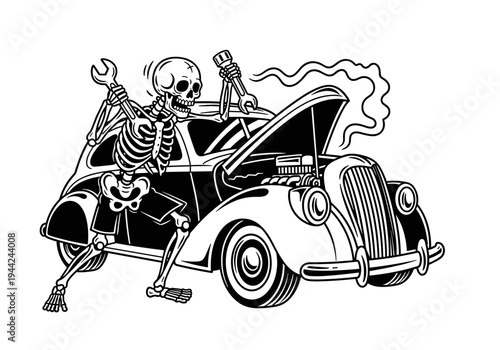 Skeleton Mechanic Fixing Vintage Car with Wrench and Screwdriver.