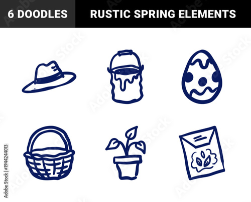 Hand-drawn spring gardening and Easter doodle elements for rustic brand identity. Naive marker sketch illustrations featuring plants and seasonal concepts.