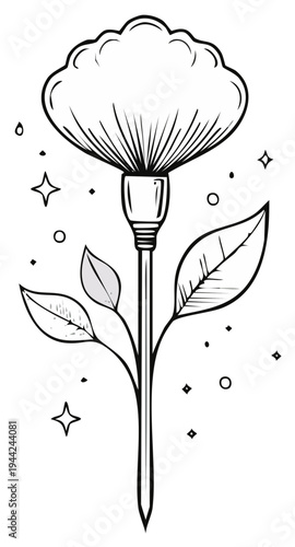 Artistic flower made of makeup brush with starbursts and leaves in sketch style