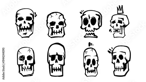 Collection of 8 Skull Doodles in Bold Black Line Art Style for Modern Urban Graphics and Tattoo Flash.
