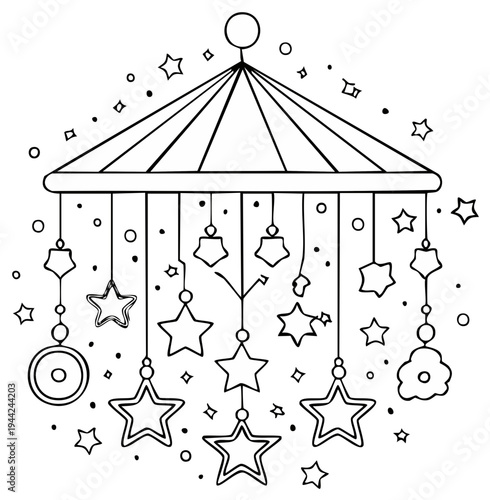 Cute Nursery Baby Mobile with Hanging Stars and Shapes Outline Drawing