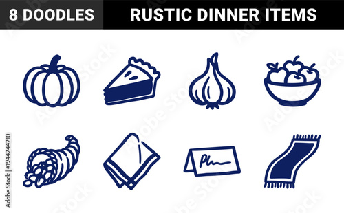 Rustic hand-drawn harvest and dinner party elements for organic brand identity. Naive marker sketch illustrations featuring autumn food and table setting concepts.