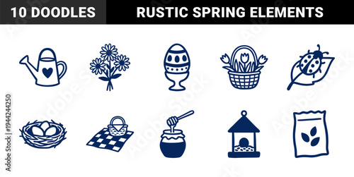 Spring gardening and Easter celebration elements in a rustic hand-drawn aesthetic. Naive marker sketch illustrations for seasonal branding and nature crafts.