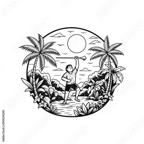 Man holding paddleboard above head in tropical setting.