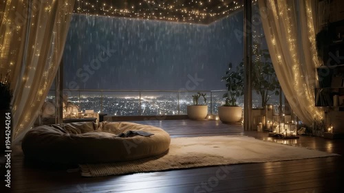Luxury living room at night with large balcony window showing rain outside and warm fairy lights above cozy meditation corner with cushion and rug