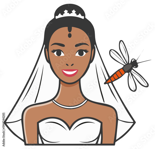 Beautiful bride in a wedding dress, with a veil and a dragonfly illustration