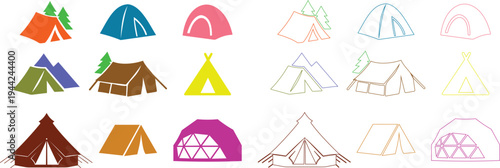 Camping tent icons set outdoor adventure shelter symbols with camp tents, mountain and forest travel elements for hiking tourism nature trip vector illustration design collection group
