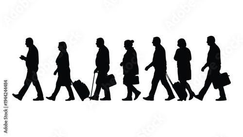 Silhouette of business people walking in line with luggage and briefcases on white background