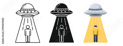 Alien Abduction Icon Set with Human Figures in UFOs - Minimalist, flat icon, outline, glyph, linear, clipart, sticker - Vector icon set - Glyph icon