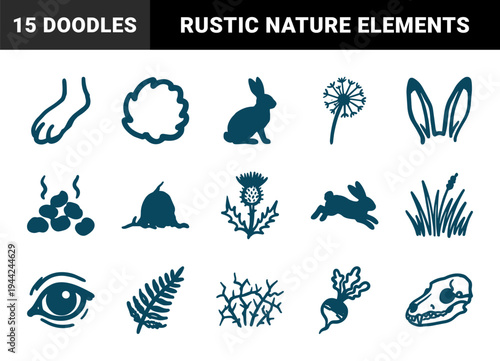 Hand-drawn rabbit and forest nature elements for rustic branding. Naive marker sketch illustrations of woodland animals and wild plants.