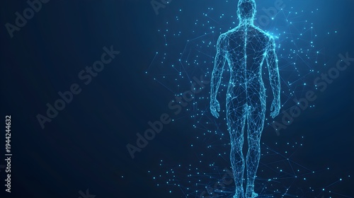 Blue digital human body with glowing particles abstract