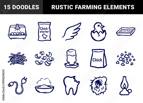 Poultry farming and chicken brooding elements for agricultural branding. Rustic naive marker sketch illustrations featuring chick rearing concepts.