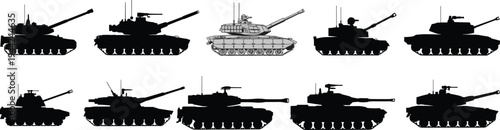 Collection of tank silhouettes with one detailed colored tank highlighted among multiple models, arranged in rows for military equipment comparison and defense illustration design
