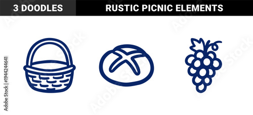 Rustic hand-drawn picnic and bakery elements for organic brand identity. Naive marker sketch illustrations of basket, bread, and grapes.