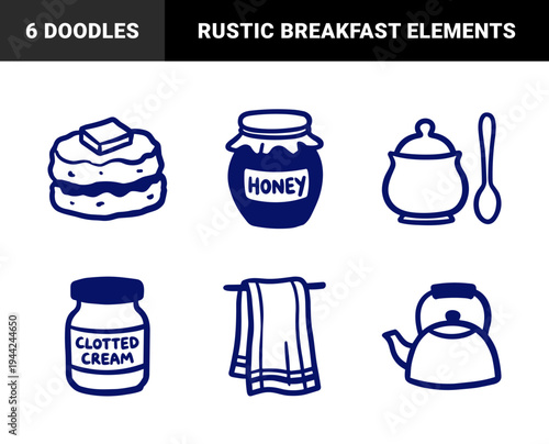 British afternoon tea and breakfast elements in a rustic hand-drawn doodle style. Naive marker sketch illustrations featuring scones, clotted cream, and honey.