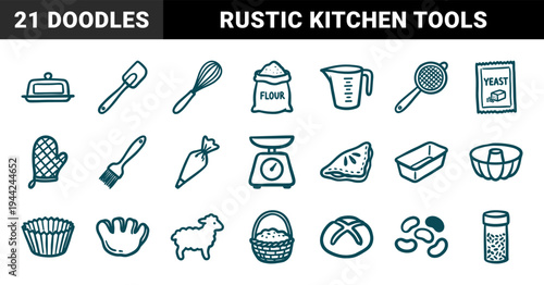 Hand-drawn baking and pastry preparation elements for rustic culinary branding. Naive marker sketch illustrations of kitchen tools and ingredients.