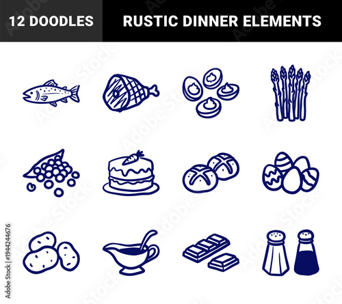 Hand-drawn rustic food and holiday feast elements in a naive marker sketch style. Organic clumsy doodle illustrations of ham, fish, and seasonal treats.