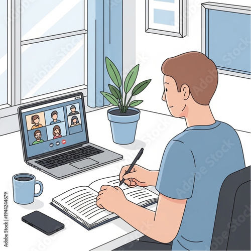 Man Writing Notes During Video Conference.