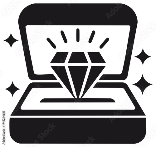 Open Jewelry Box with Shining Diamond, Elegant Black and White Gift Symbol