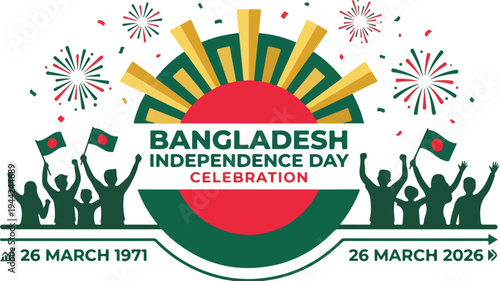 Graphic illustration of Bangladesh Independence Day celebration with silhouettes of people, fireworks and confetti on a colorful background.
