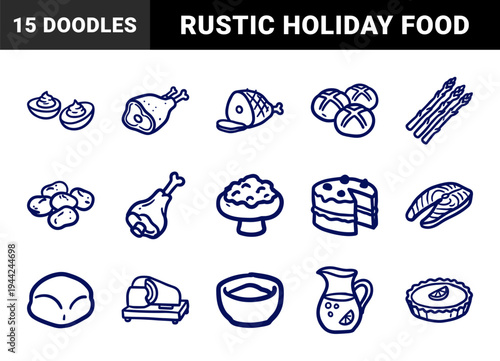 Hand-drawn Easter dinner and holiday food elements in naive marker sketch style. Rustic blue line art featuring ham, deviled eggs, and hot cross buns.
