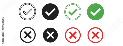 Modern Checkmark and Cross Icon Set with Color Variations - Minimalist, flat icon, outline, glyph, linear, clipart, sticker - Vector icon set - Glyph icon