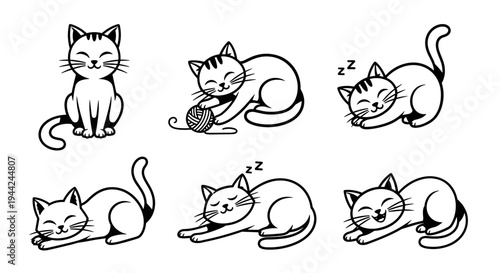 Cute Cartoon Cats in Various Poses Black and White Illustration Set.