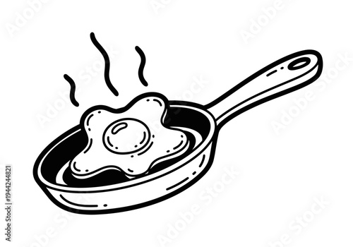 Hand-drawn illustration of a sizzling fried egg in a frying pan, perfect for breakfast themes.