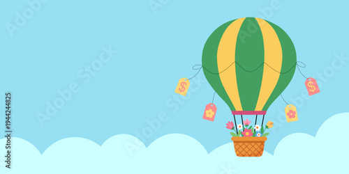 Hot air balloon carrying a flower basket with price tags hanging in the sky. Concept of spring sale, seasonal discount and flower delivery. Minimalist vector illustration for marketing.