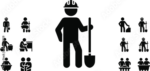 Construction worker icon with various laborer and industry symbols
