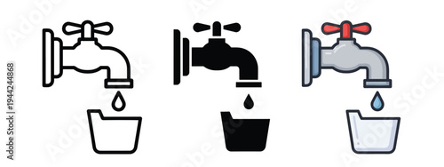 Flat Design Faucet Icons with Water Drops in Different States - Minimalist, flat icon, outline, glyph, linear, clipart, sticker - Vector icon set - Glyph icon