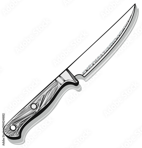 Hand drawn illustration of a sharp kitchen knife with a textured handle and a long blade
