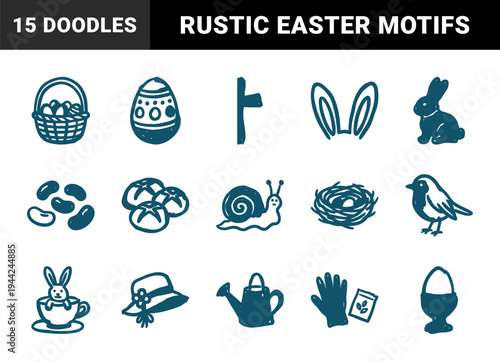 Hand-drawn Easter and spring garden elements for organic brand identity. Rustic, naive marker sketch illustrations featuring seasonal nature motifs.