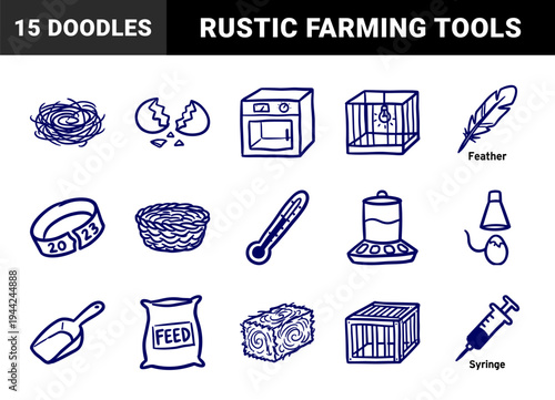 Hand-drawn poultry farming and avian care elements for organic agricultural branding. Rustic, naive marker sketch illustrations featuring bird husbandry concepts.