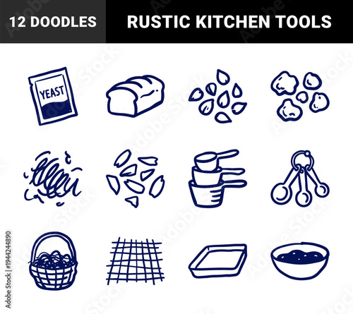 Hand-drawn baking and bread making elements for organic kitchen branding. Rustic naive marker sketch illustrations of culinary tools and dough ingredients.