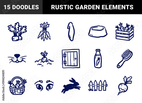 Hand-drawn rabbit care and organic gardening elements for rustic brand identity. Naive marker sketch illustrations featuring bunny pets and homegrown vegetables.