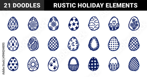 Hand-drawn Easter egg illustrations with naive doodle patterns. Rustic marker sketch elements for spring holiday branding and seasonal decor.