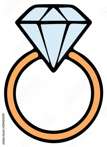 Cartoon-style illustration of a diamond engagement ring with a gold band