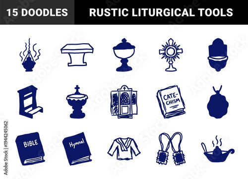 Hand-drawn Catholic liturgical symbols and religious artifacts for spiritual branding. Rustic navy blue marker sketch illustrations featuring church ministry elements.