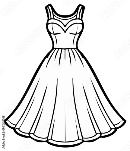 Elegant outline illustration of a vintage style dress