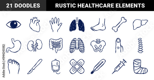 Hand-drawn medical and healthcare anatomy doodles for organic wellness branding. Crude marker sketch illustrations featuring human organs and clinical equipment.