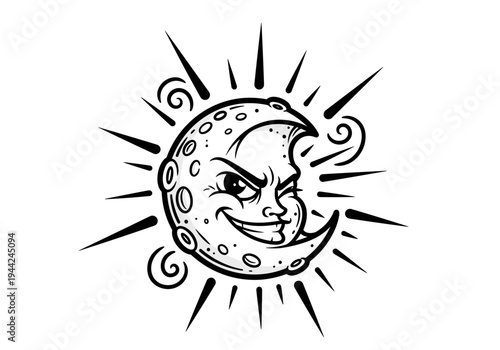 Winking crescent moon with mischievous expression and radiating lines.