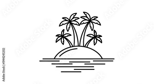Black and white line art vector icon of a tropical island with palm trees on a small piece of land in the ocean, reflecting water. Minimalist travel illustration.